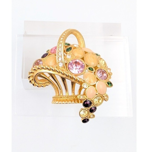 Swarovski Vintage Gold Tone Flower Basket Brooch Pastel Rhinestone Signed
